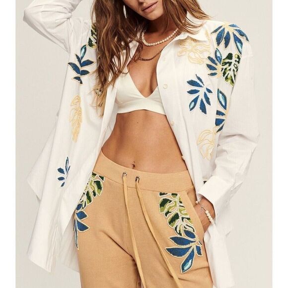 SER.O.YA Women Sz 2XS White Oversized Embellished Beaded Button-Up L/S Shirt - Picture 1 of 13